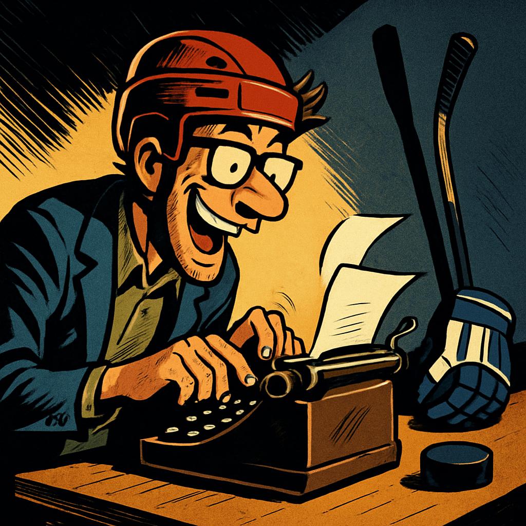 A cartoon man using a typewriter with hockey equipment lying nearby, conveying a sense of determination and focus in compe...