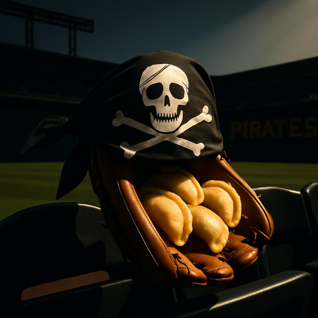 A pirate-skinned baseball glove sits on a chair at PNC Park, holding a stack of pierogies while a pirate flag with a skull...