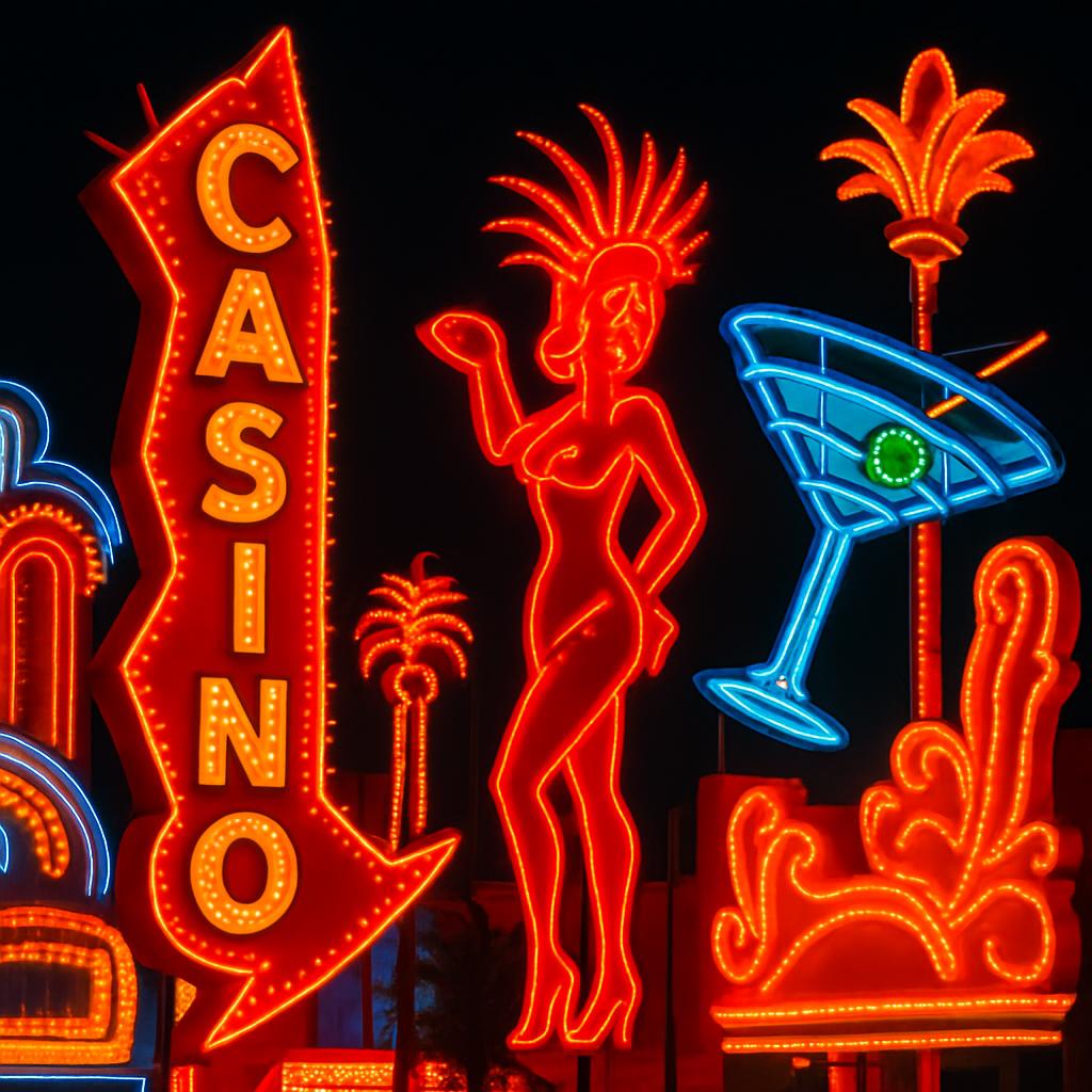 An illustration of a bright casino neon sign at night featuring several lights in red, blue, and orange, and a neon depict...