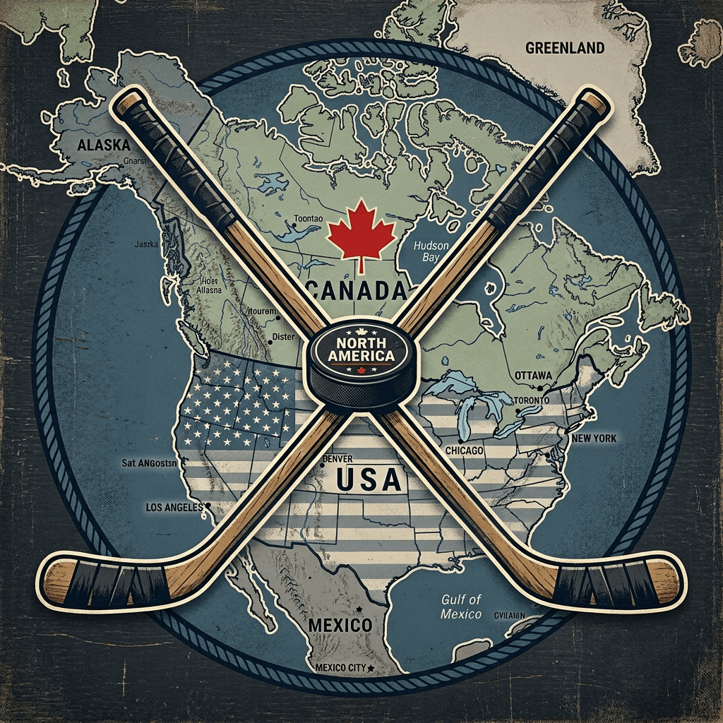 Vintage North America map with crossed hockey sticks and Hockey Country banners